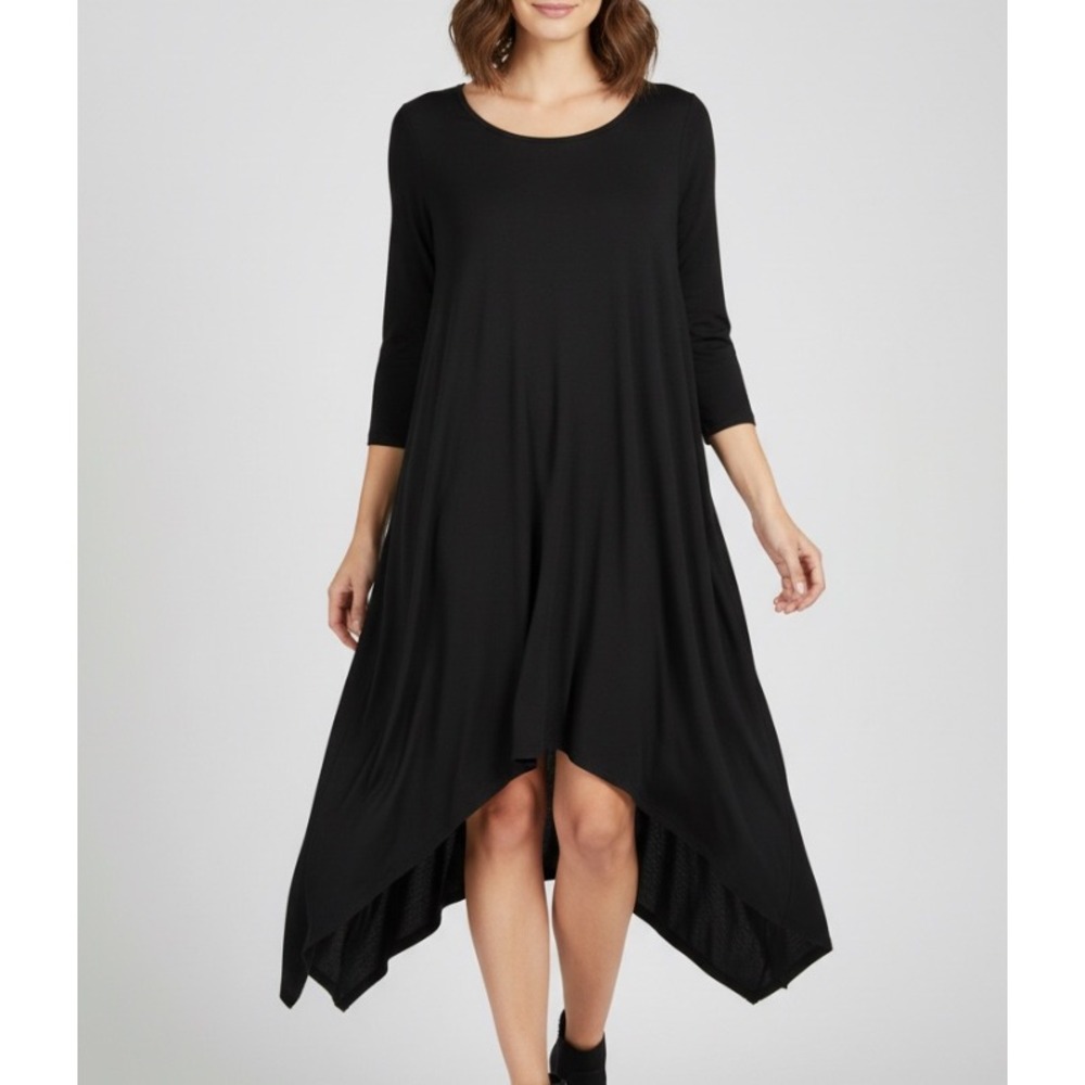 UMGEE Black Soft Knit 3/4 SLEEVE High-Low Hem A-LINE SHIFT T-SHIRT DRESS Sz L